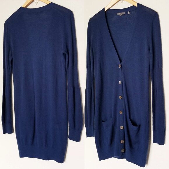Vince 100% Cashmere V Neck Longline Cardigan S Lightweight Blue Button Pockets - Picture 14 of 16